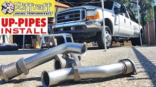 2001 F350 73  RiffRaff UpPipes Install  Stock up pipes leaking and falling apart JUNK SP [upl. by Atiragram]